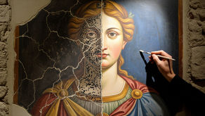 Metade de um afresco antigo e sujo, e a outra metade restaurada e brilhante, simbolizando a restauração da imagem de Deus.