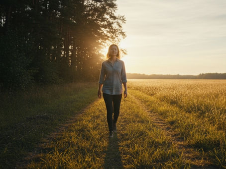 Pessoa saindo de uma floresta escura em direção à luz, simbolizando o andar na luz da graça de Deus através da confissão e honestidade.