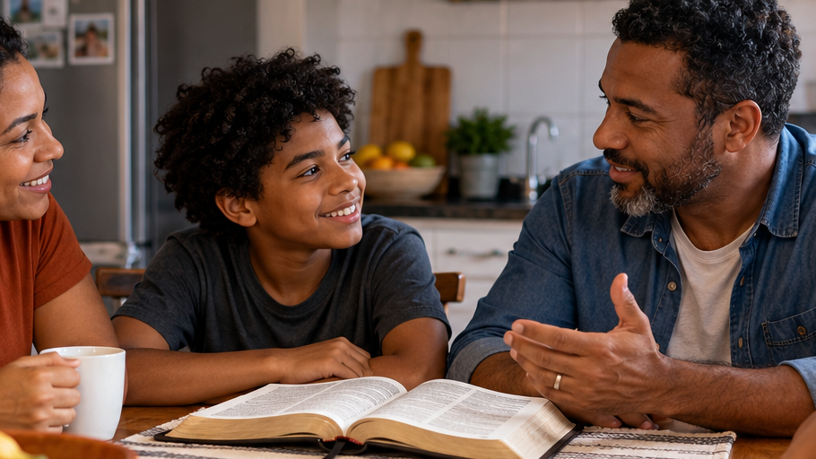 Família brasileira em uma cozinha simples durante uma conversa cotidiana, com Bíblia aberta discretamente sobre a mesa, mostrando a Palavra de Deus na rotina da casa.