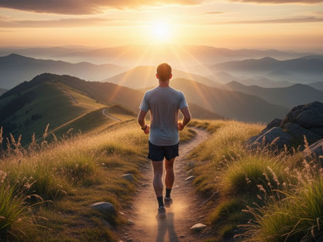 Corredor em trilha ao nascer do sol, correndo leve e com perseverança, simbolizando a vida cristã vivida com a liberdade da graça de Deus.