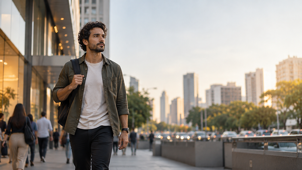 Pessoa caminhando por um ambiente urbano contemporâneo com diferentes estímulos ao redor, mantendo expressão pensativa e direção firme, sugerindo lealdades que disputam o coração.