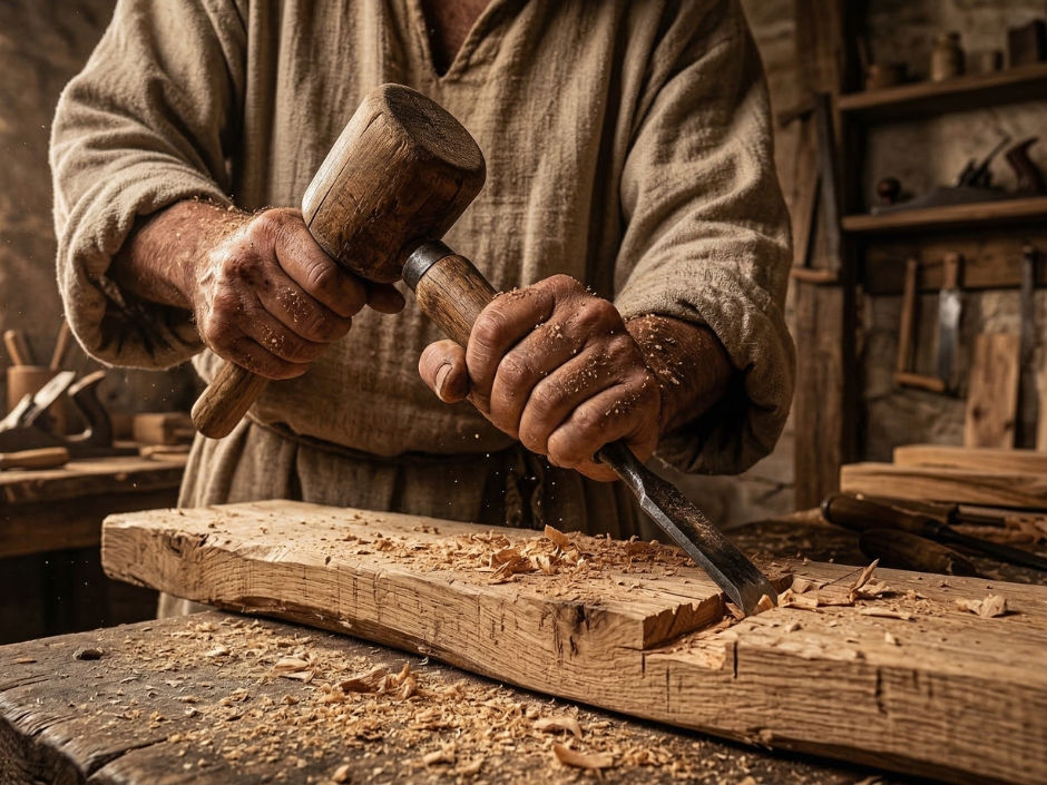 Mãos de carpinteiro trabalhando madeira como Jesus em Nazaré.