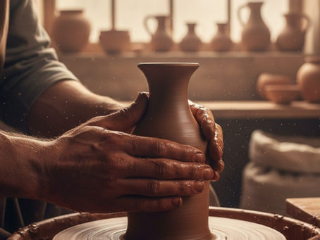 Mãos de oleiro moldando barro em uma roda, simbolizando o ato de transformar o comum em sagrado através do trabalho intencional e da adoração.