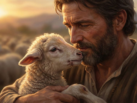 Pastor segurando ovelha com carinho ou pai com filho, simbolizando o conhecimento íntimo e pessoal que Deus tem daqueles que nEle se refugiam.