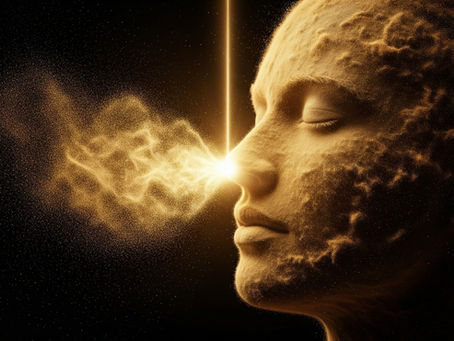 Rosto formado de pó dourado recebendo um feixe de luz que simboliza o sopro de vida de Deus.