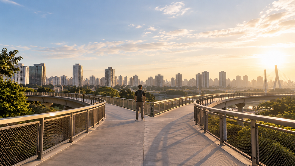 Pessoa em ambiente contemporâneo diante de caminhos que seguem em direções diferentes, sugerindo decisão e lealdade sem símbolos religiosos explícitos.