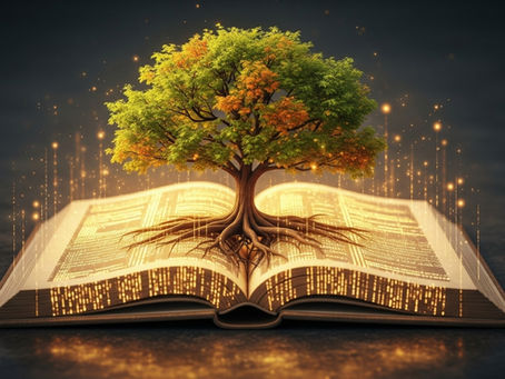 Livro aberto com código de computador brilhante nas páginas, de onde cresce uma árvore viva, simbolizando a Palavra de Deus como um código-fonte vivo.