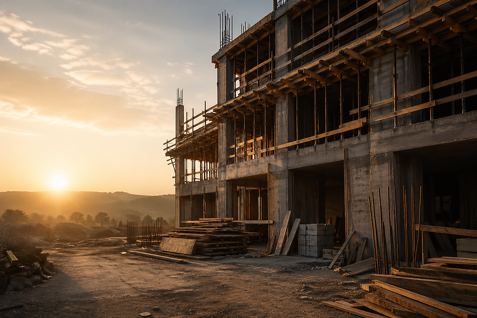 Construção inacabada ao amanhecer, simbolizando a boa obra de Deus ainda em andamento.