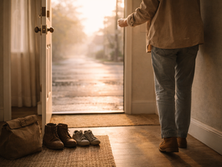 Pessoa abrindo a porta de casa ao amanhecer após uma noite longa, simbolizando recomeço pela graça.