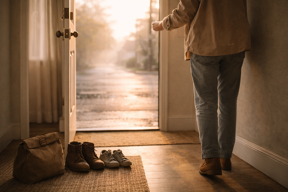 Pessoa abrindo a porta de casa ao amanhecer após uma noite longa, simbolizando recomeço pela graça.