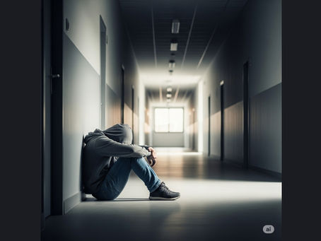Pessoa exausta sentada no chão de um corredor, simbolizando o burnout e o esgotamento mesmo após uma vitória, com uma luz de esperança ao fundo.