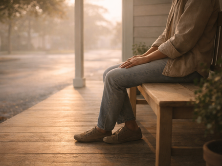 Pessoa sentada em silêncio num banco simples pela manhã, representando descanso em Cristo sem culpa.