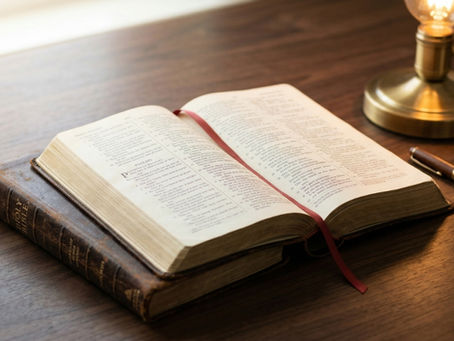 Bíblia aberta iluminada sobre a mesa, ilustrando como Deus fala conosco através da Palavra.