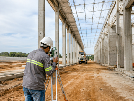 Profissional de topografia confere o alinhamento de uma estrutura em um canteiro de obras contemporâneo, ilustrando o chamado “não se desviem” pela atenção a uma referência que governa o trabalho antes de ele prosseguir.