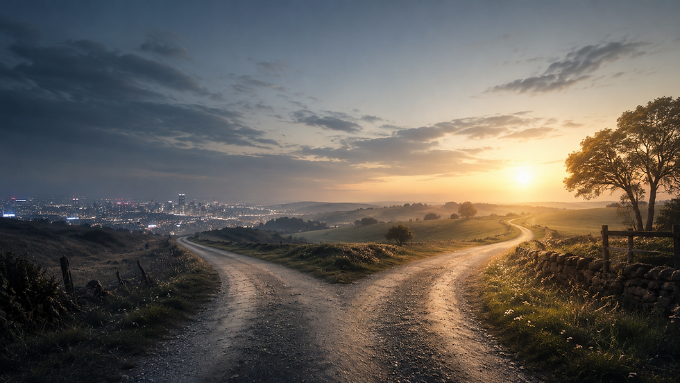 Estrada dividida entre uma cidade de luzes artificiais e um caminho simples ao amanhecer, simbolizando o discernimento diante dos inimigos da cruz.