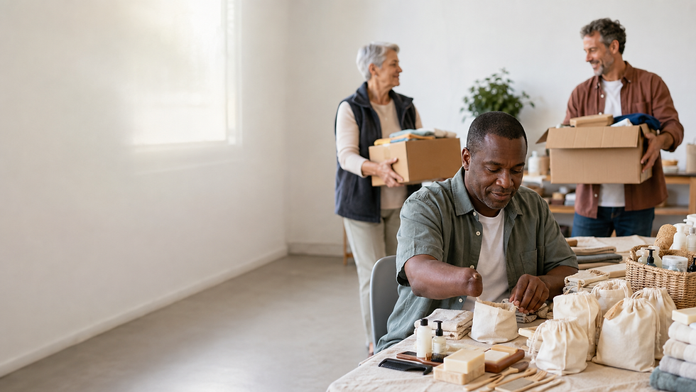 Adulto realiza uma tarefa possível em uma sala comunitária enquanto outras pessoas continuam uma atividade que exige responsabilidades diferentes.