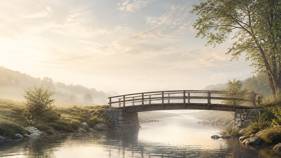 Ponte simples unindo duas margens sob luz suave, simbolizando o chamado para concordem no Senhor em humildade e reconciliação.