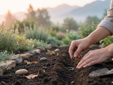 Mãos plantando sementes, ilustrando a atitude ativa ao esperar em Deus no silêncio.