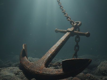 Âncora firme em rochas sob águas nebulosas, simbolizando a fé e as promessas de Deus que nos seguram no vale, mesmo quando não sentimos.