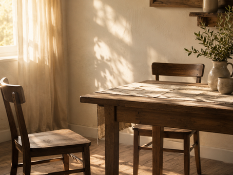 Mesa simples com uma cadeira levemente afastada, simbolizando o abandono da ambição egoísta e o chamado à humildade cristã.