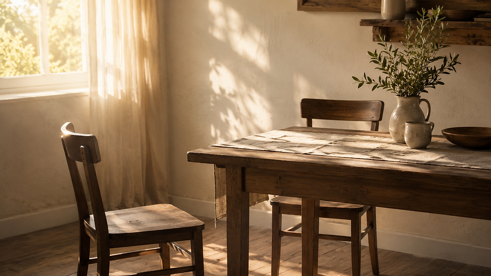 Mesa simples com uma cadeira levemente afastada, simbolizando o abandono da ambição egoísta e o chamado à humildade cristã.