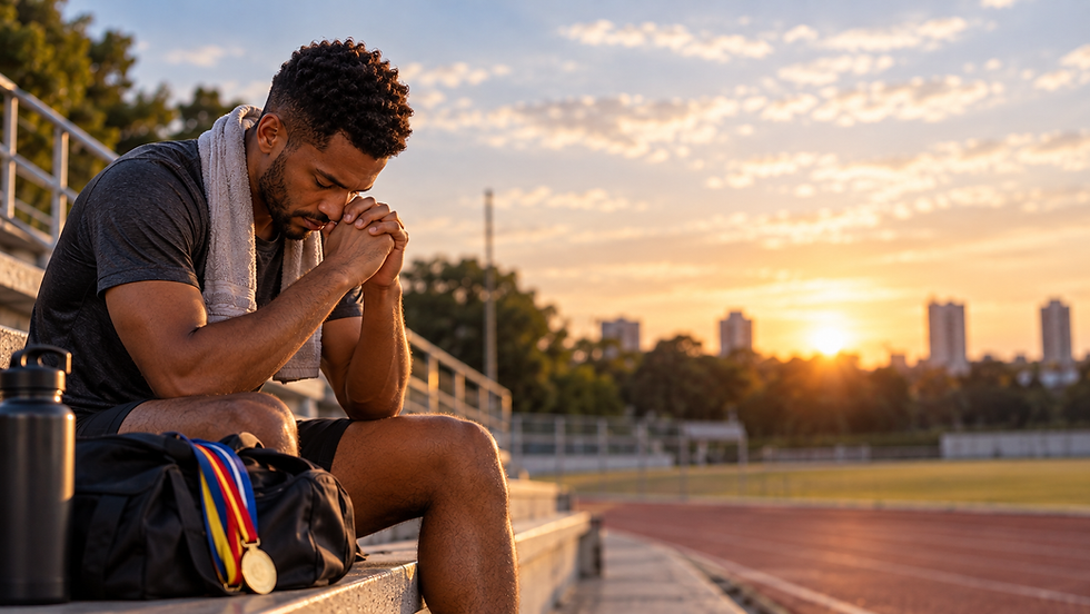 Atleta adulto guarda medalhas e equipamentos após um treino enquanto, ao fundo, outras pessoas recolhem materiais usados pela equipe em uma pista esportiva.