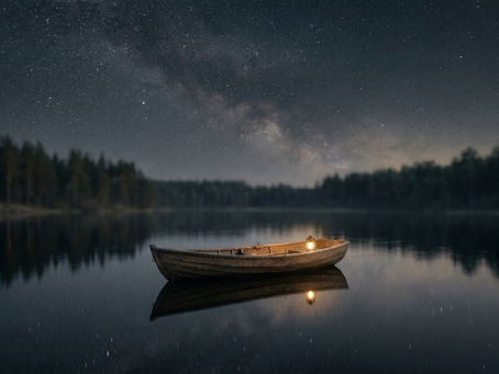Barco solitário em um lago calmo sob o céu estrelado, ilustrando a paz quando Deus fica em silêncio.