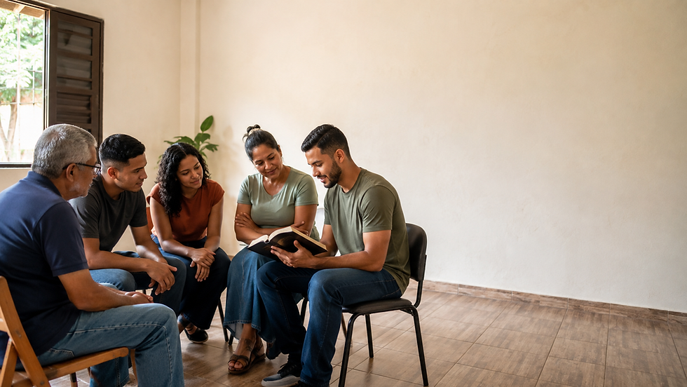 Grupo de adultos acompanha atentamente a leitura de uma Bíblia em ambiente comunitário simples, representando “ouçam, aprendam e obedeçam” como Palavra recebida por todo o povo.