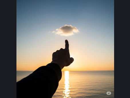 Mão aponta para uma única e pequena nuvem em um céu vasto, simbolizando a fé que vê a promessa de Deus nos pequenos começos.