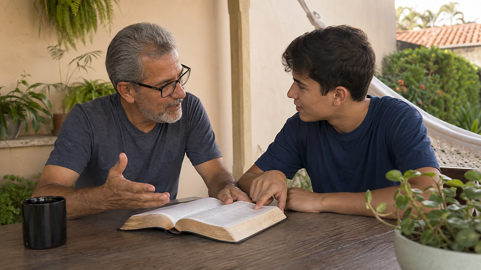 Pessoa mais velha conversa com um adolescente sobre uma Bíblia aberta em uma varanda de casa, ilustrando o chamado “não esqueça, ensine aos filhos” com escuta, proximidade e transmissão da fé.
