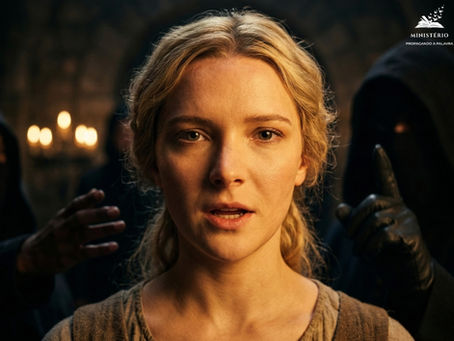 Pessoa falando com coragem em close-up, 940 × 705 px, enquanto mãos ao fundo tentam silenciá-la.