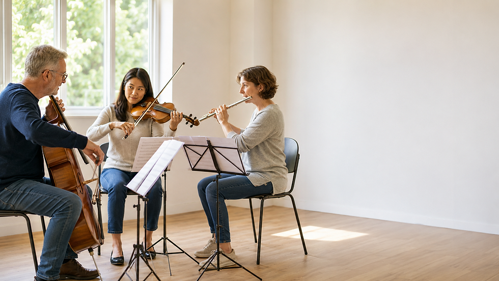 Três músicos ensaiam seguindo uma mesma partitura, representando uma prática fiel àquilo que foi recebido antes de qualquer adaptação por conveniência.