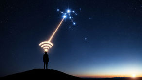 Silhueta de pessoa com um símbolo de wi-fi de luz saindo de sua cabeça e se conectando às estrelas, simbolizando a oração contínua.