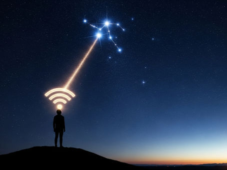 Silhueta de pessoa com um símbolo de wi-fi de luz saindo de sua cabeça e se conectando às estrelas, simbolizando a oração contínua.