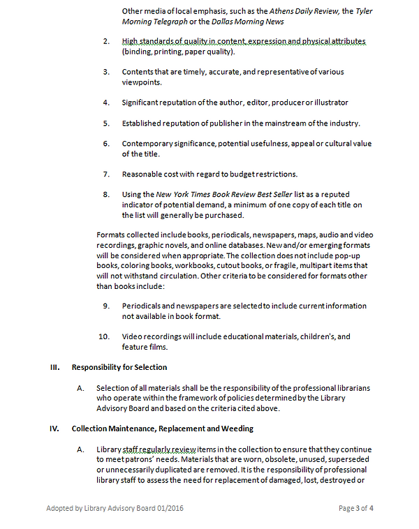 MATERIALS SELECTION POLICY | hendersonlibrary