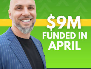 Jordan Vreeland in a blue suit on a green background. Text reads "$9M funded in April." Bottom text: "14 Days to Close," with Zillow and Google logos.