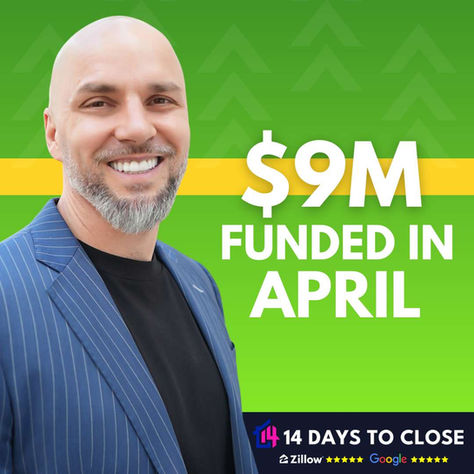 Jordan Vreeland in a blue suit on a green background. Text reads "$9M funded in April." Bottom text: "14 Days to Close," with Zillow and Google logos.