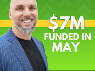 Jordan Vreeland smiling in a blue suit with text "$7M funded in May" on green background. Footer shows "14 days to close" and logos.