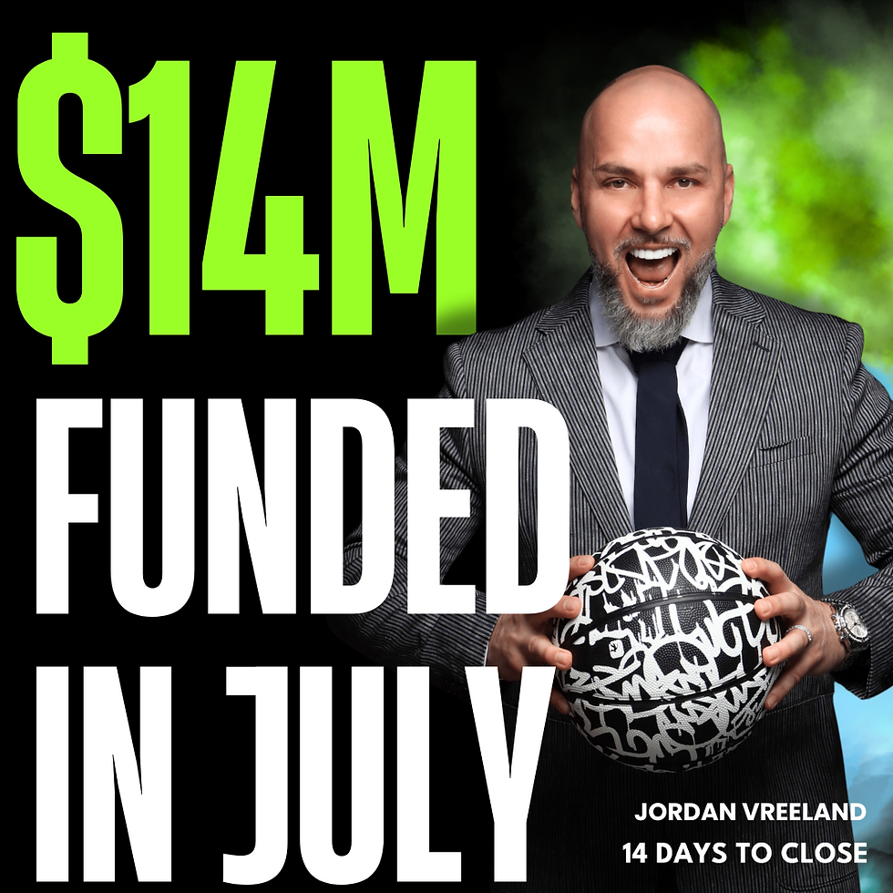 Man in suit holding graffiti basketball, excited. Text: "$14M funded in July." Background: black with green and blue accents.