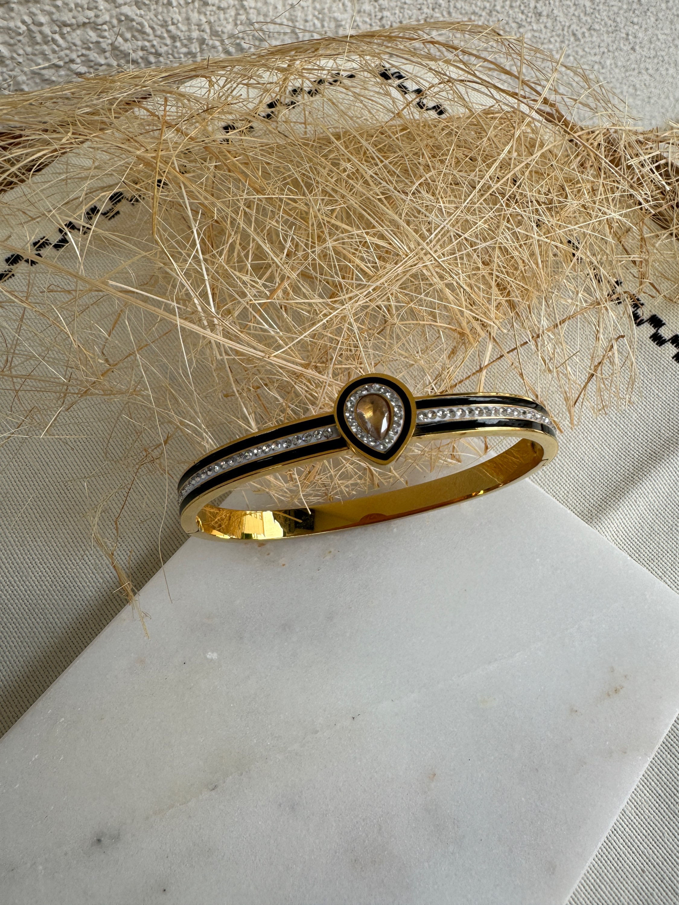 Damla taşlı siyah mineli çelik kelepçe bileklik SSKLP85