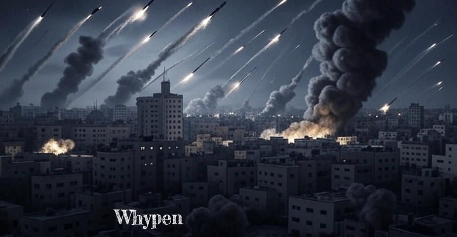 City skyline at night with missiles and smoke trails in the sky, explosions creating bright flares. The mood is tense and dramatic. Text: Whypen.