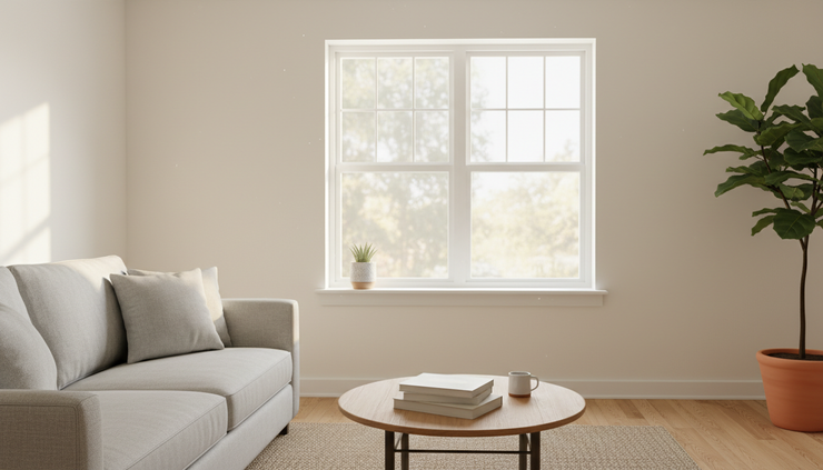 Medium shot of a clean replacement window installed in a bright living room.