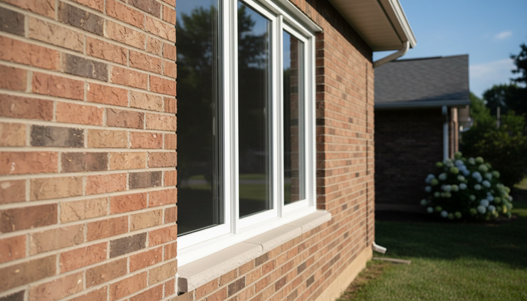 Medium shot of a newly installed energy-efficient residential window on a brick home
