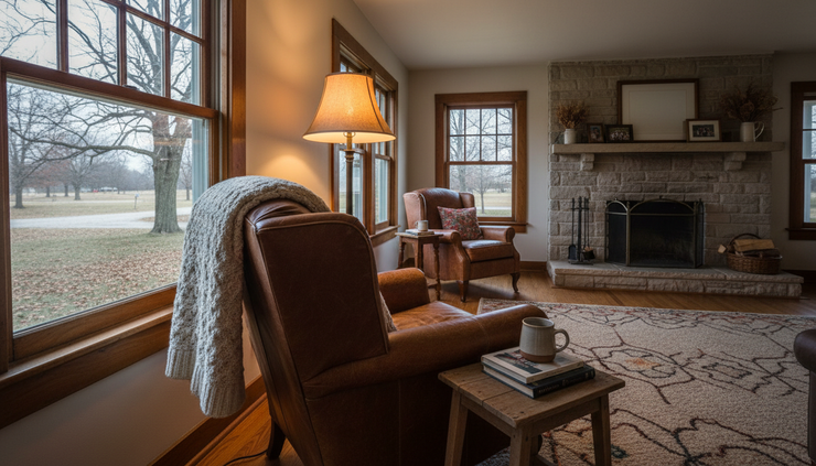 Eye-level view of a cozy living room with an older window during cold weather