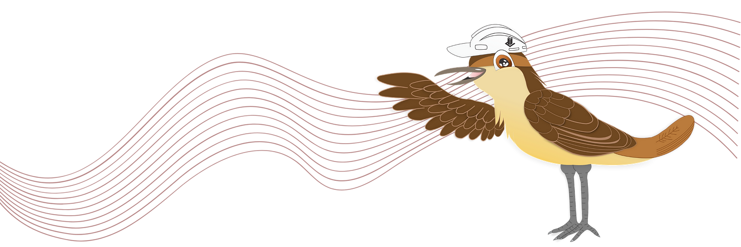 Mascote da Edifica: desenho de um pássaro, o joão de barro, em tons de marrom, om um capacete de segurança branco comumente usado em obras civis. O capacete possui o desenho da logo da Edifica Consultoria na cor cinza.