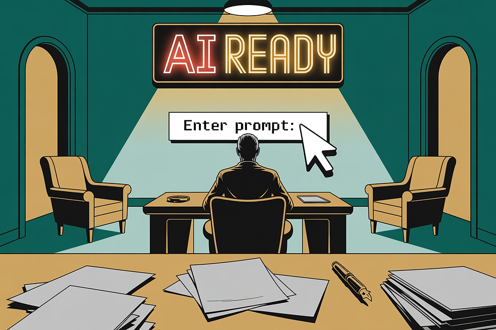 Man at desk in room with "AI READY" sign. The sign is only half lit, with the word "READY" not working. Cursor points to an empty "Enter prompt:" text box. Papers and pen on table. Retro, focused mood.