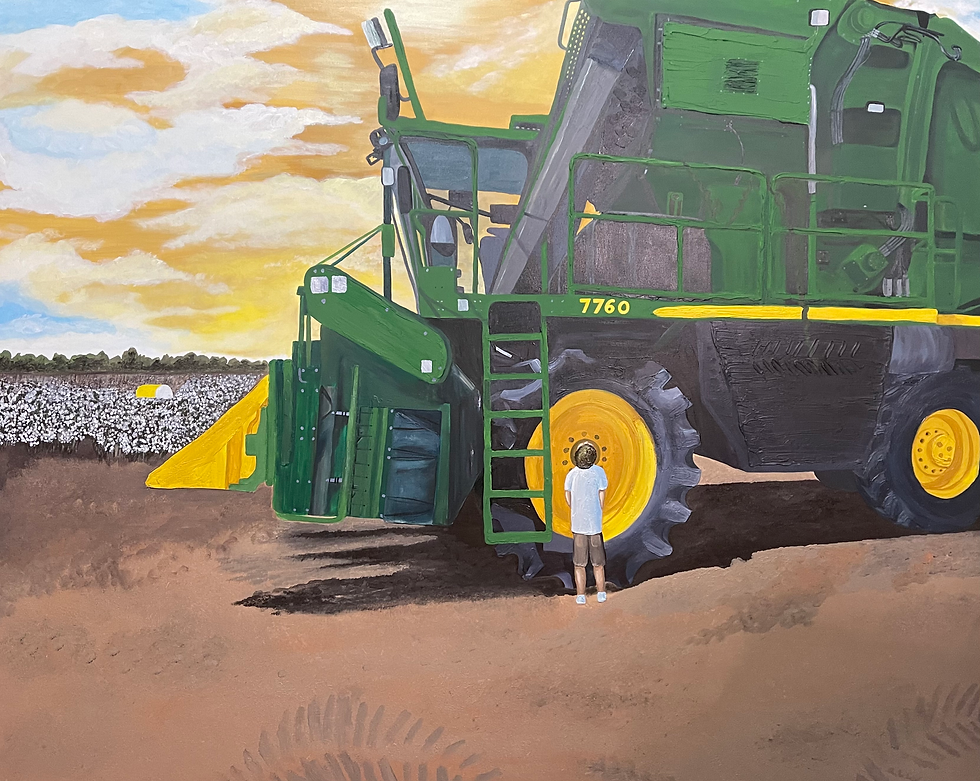 little boy with cotton picker painting