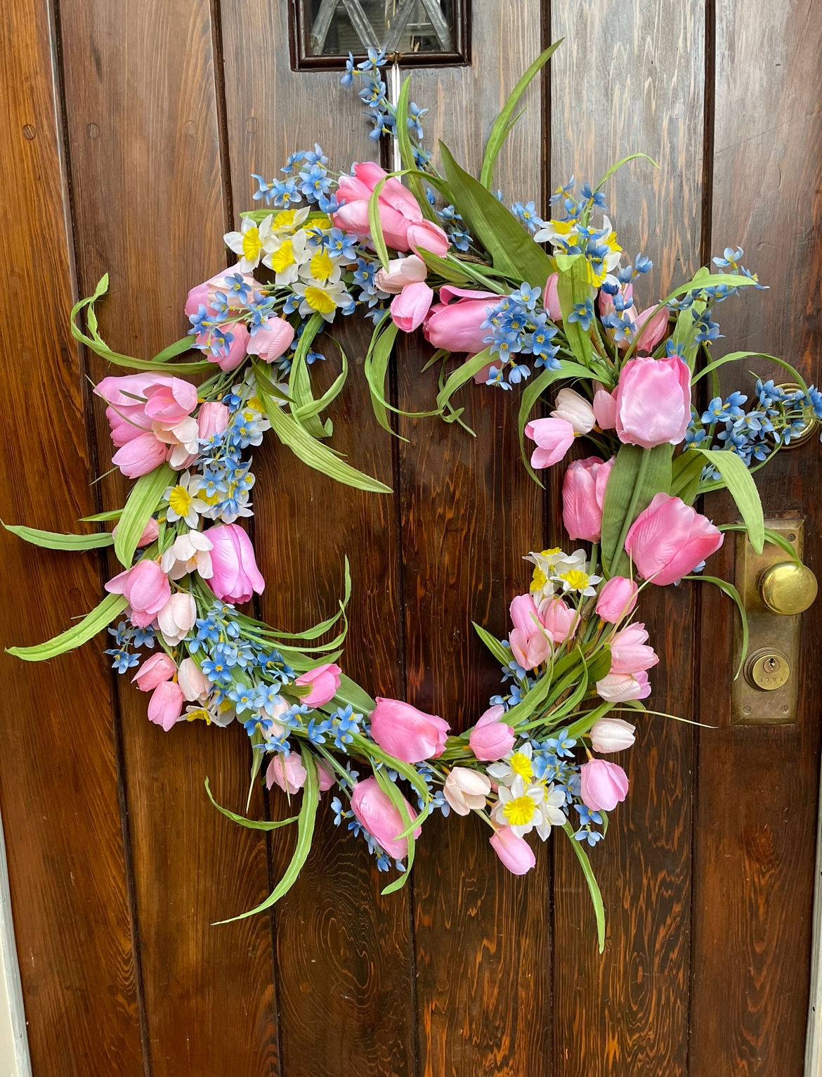 2) Pink Tulips, Daffodils and Blue silk flowers on a grape vine Wreath