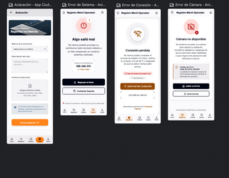 Pantallas móviles de confirmación, seguimiento de trámite, ayuda y perfil de usuario en app de registro móvil.