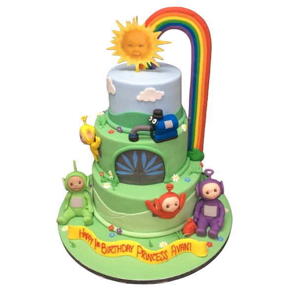 A whimsical and colorful Teletubby-themed cake featuring a vibrant rainbow design. Perfect for a fun-filled celebration.